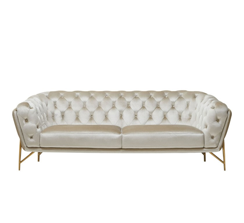 VIG Furniture Stella Pearl-Beige Velvet Sofa With Gold Tubular Frame, Diamond Tufting, Plush Glam Comfort (96) VGCA2020-BEIGE-S
