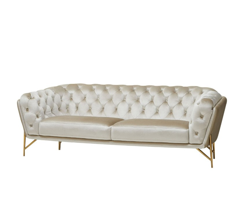 VIG Furniture Stella Pearl-Beige Velvet Sofa With Gold Tubular Frame, Diamond Tufting, Plush Glam Comfort (96) VGCA2020-BEIGE-S