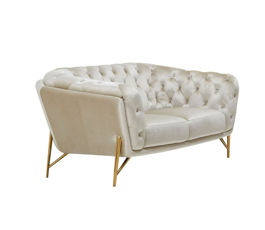 VIG Furniture Stella Pearl-Beige Velvet Loveseat With Gold Tubular Frame, Diamond Tufting & Plush Seating — Glam Transitional Sofa VGCA2020-BEIGE-L
