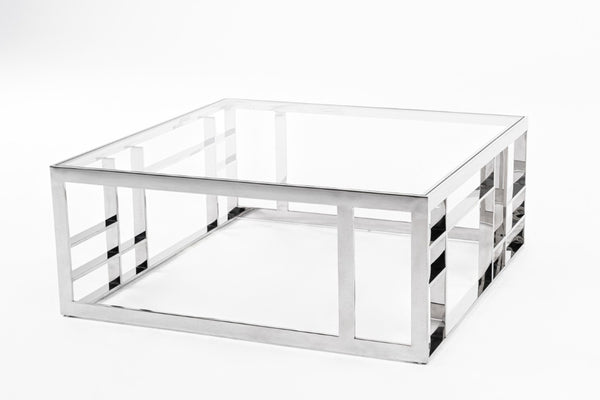 VIG Furniture Stephen Modern Glass & Stainless Steel Square Coffee Table, 40" Spacious Tempered Top, Sleek Low-Profile Design VGHB-341E