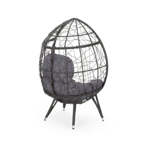 English Elm Christopher Knight Home® - GIANNI Teardrop Wicker Outdoor Chair with Water-Resistant Cushion, Handcrafted Faux Rattan Iron Frame Comfort Gray 65645.00GDGRY