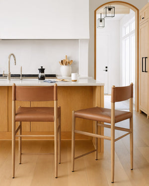 Surya Stria Solid Mango Wood Counter Stool with Leather Accents for Kitchen Islands STRI002-372022