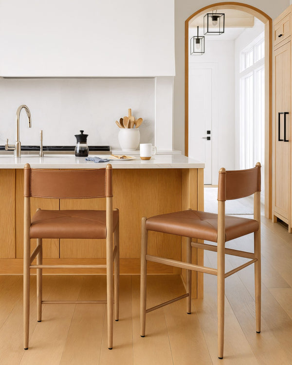 Surya Stria Solid Mango Wood Counter Stool with Leather Accents for Kitchen Islands STRI002-372022