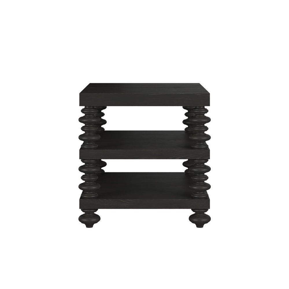 Atrium End Table with Elegant Wood Columns & Open Shelves - Hand-Glazed Sable Finish for Modern Charm