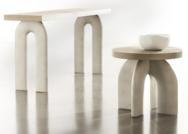 Bernhardt Bernhardt Antibes Sculptural Side Table With Rustic Oak Top & Textured Pumice Concrete Base, 22" H 350113