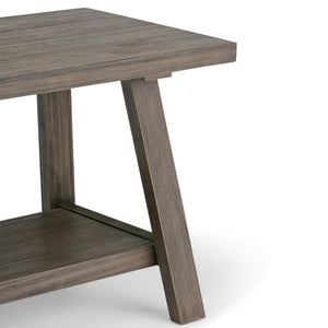 English Elm Dylan Driftwood Entryway Bench — Handcrafted Solid Wood, Trestle Support, 2-Seat, Shelf, Modern Industrial Design B136P158142