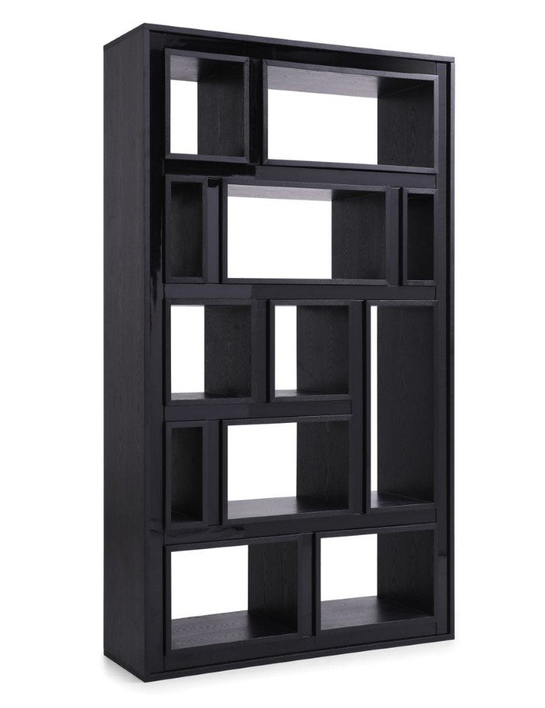 VIG Furniture Suffolk Black Ash Bookcase With High-Gloss Inset Panels, 12 Abstract Shelves, 47"W X 82"H Modern Statement Piece VGVCBF-003-7