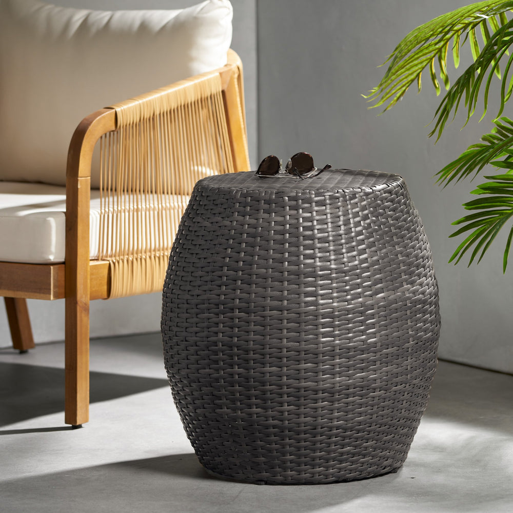 English Elm Outdoor Wicker Bombe Side Table Sculptural Iron Frame Weather Resistant Patio Accent Grey 60746.00GRY