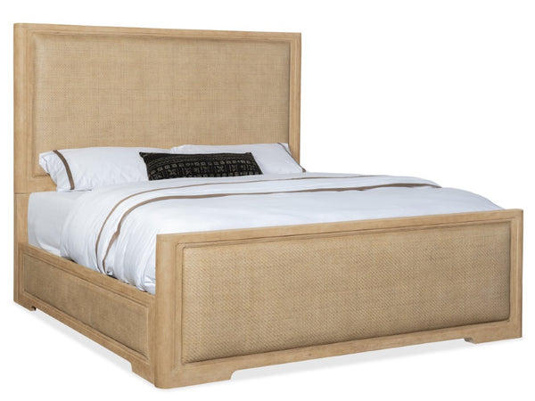 Hooker Furniture Retreat Raffia Panel Bed In Dune Finish — California King Cane Inset, Driftwood Texture, Coastal Zen 94.25 L x 80.00W x 68.00H 6950-90260-80