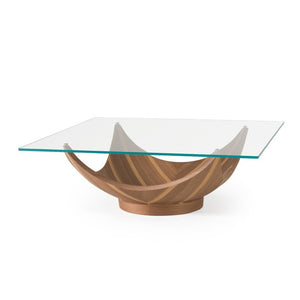 VIG Furniture Sunrise Contemporary Glass Square Coffee Table With Walnut Pedestal Base, Tempered Top, Mid-Century Flair VGRY-RY-SE07-WS