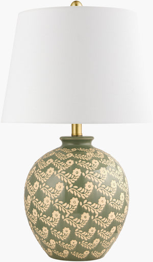 Surya Supino Accent Table Lamp - 24" Rustic Ceramic Design With Linen Shade For Elegant Home Lighting Body, Dark Green,Shade, White,Finial, Metallic ,Silver,Harp, Metallic ,Nickel,Cord, Translucent Ceramic,Linen,Polyester,Iron Sup-001