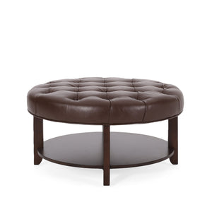English Elm Round Tufted Pu Leather Ottoman with Open Shelf Storage for Living Room Dark Brown 71589.00DBRN