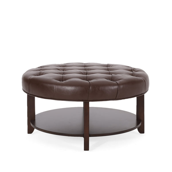 English Elm Round Tufted Pu Leather Ottoman with Open Shelf Storage for Living Room Dark Brown 71589.00DBRN