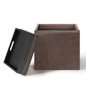 English Elm Rockwood Cube Storage Ottoman With Serving Tray - Distressed Vegan Leather For Modern Spaces B136P159096-GIGA