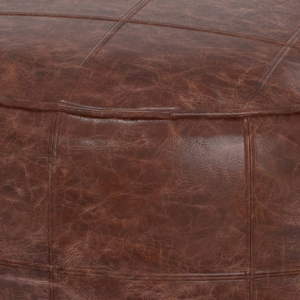 English Elm Connor - Handcrafted 34" Round Leather Pouf Coffee Table In Distressed Brown For Versatile Living Spaces B136P159353
