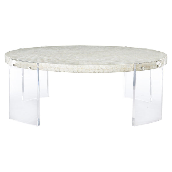 Bernhardt Bernhardt Pearle Capiz Cocktail Table — 50.25" Round Acrylic Legs, Polylite Top, Iridescent Glam Modernity 305016