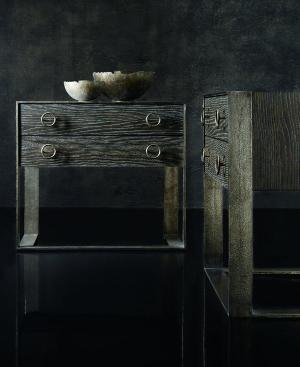 Bernhardt Bernhardt Dixon Nightstand With Sandblasted Oak Veneer, Graphite Aluminum Frame, 2 Drawers, Modern Rustic Chic 379216