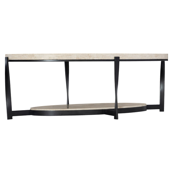 Bernhardt Bernhardt Oval Berkshire Cocktail Table 53" – White Travertine Top, Aged Pewter Twisted Steel Base 405013