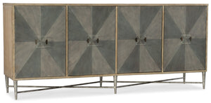 Hooker Furniture Melange Zola Four-Door Credenza With Diamond-Pattern Fronts, Lucite Pulls, Soft-Close Doors, Ventilated Back 638-85316-LTGY