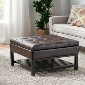 English Elm Christopher Knight Home® - Storage Ottoman Brown Bonded Leather Coffee Table with Tufted Top, Hidden Storage & Lower Shelf for Living Room (31.25"W x 31.5"D x 18.5"H) 56970.00PU