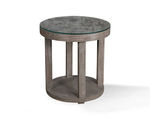 Parker House Crossings Serengeti Round Glass Top End Table Sandblasted Fossil Grey Solid Mango SER#12