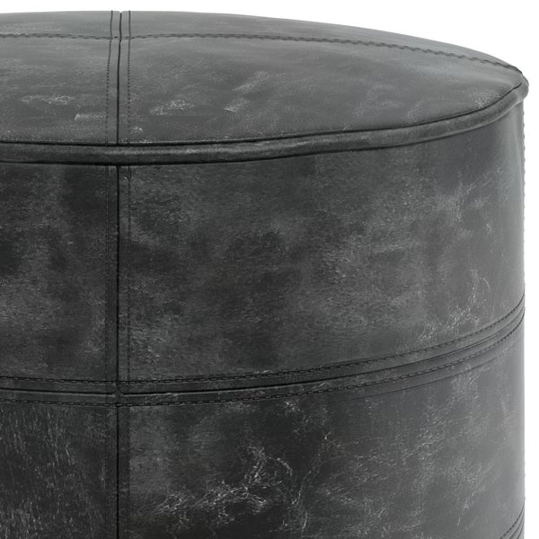 English Elm Connor Round Pouf In Distressed Black Leather – Rustic Style Footstool & Accent Furniture Piece B136P159338