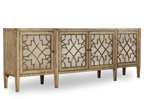 Hooker Furniture Sanctuary Four-Door Mirrored Console With Antique Mirror & Gold-Leaf Fretwork, Surf-Visage Finish, Versatile Storage 3013-85001