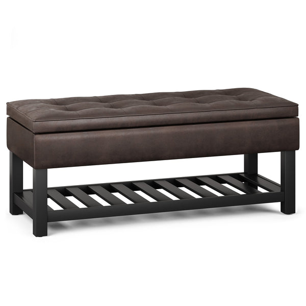 English Elm Cosmopolitan Storage Ottoman Bench - Distressed Brown Faux Leather With Hidden Storage & Safety Hinge B136P158560