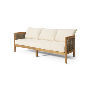 English Elm Christopher Knight Home® - 76.5'' Acacia Wood Round Wicker 3-Seater Outdoor Sofa with Teak Finish, Water-Resistant Beige Cushions 74133.00