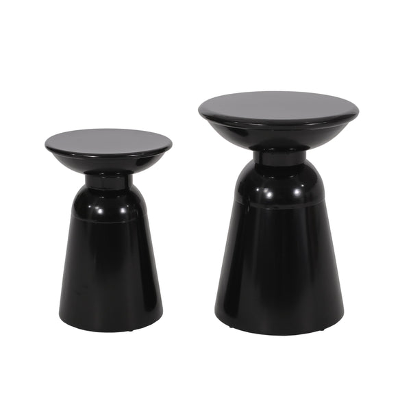 English Elm Serenita Outdoor Powder Coated Iron Pedestal Side Tables Sculptural Flared Set of Two Black 73614.00BLK