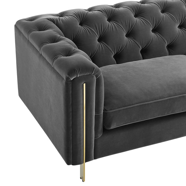 English Elm Steve Silver - Charlene Velvet Button Tufted Sofa with Chesterfield Rolled Arms, Brass Accents, Plush Foam Seating Dark Gray B081P157402
