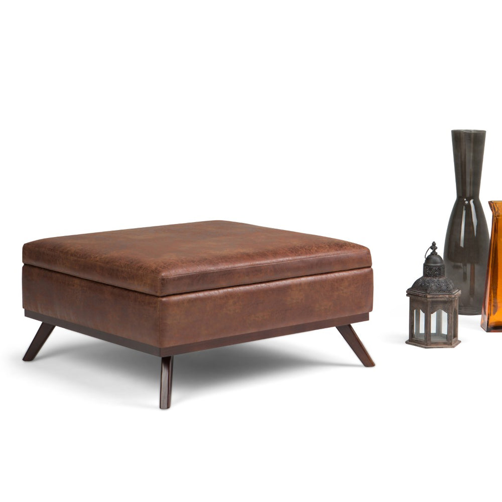 English Elm Owen Square Storage Ottoman - Mid-Century Modern Coffee Table In Distressed Brown Vegan Leather B136P159175-GIGA