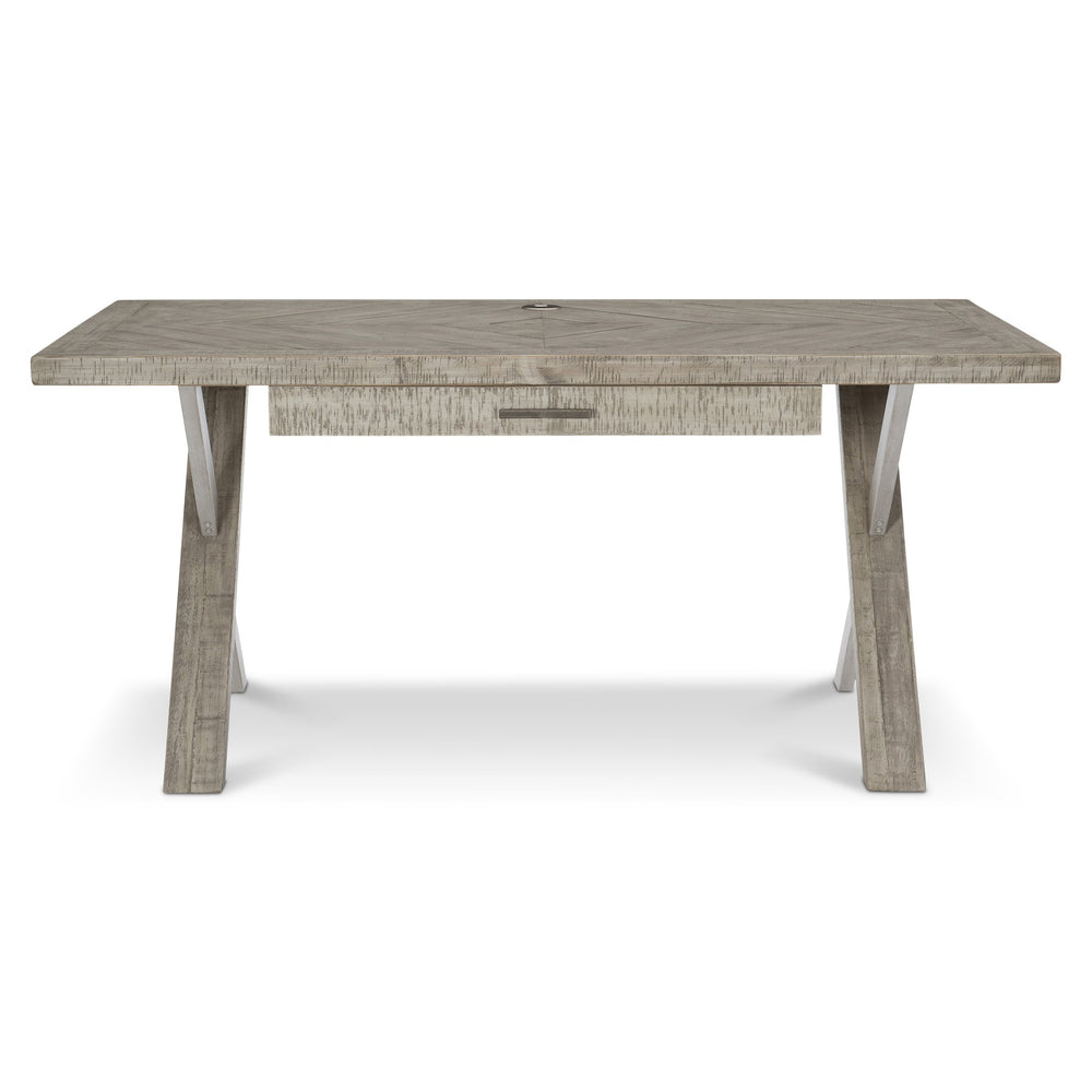 Bernhardt Bernhardt Polk Desk With Reclaimed Pine Top & Glazed Silver Metal X-Base, Hidden Outlet, 66"W D12510
