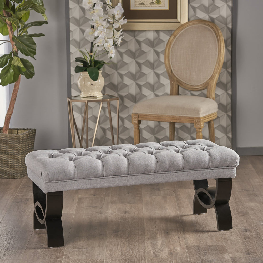 English Elm Hilton Tufted Upholstered Bench Ottoman with Diamond Stitching and Vintage Curved Legs 54743.00LGY