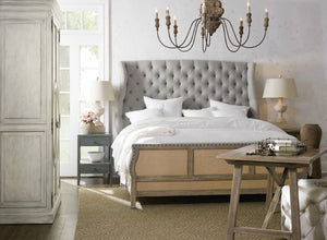 Hooker Furniture Boheme De-Constructed King Upholstered Bed With Button-Tufted Gray Linen Headboard, Burlap Trim, Antique Milk Finish 5750-90166-MWD