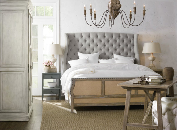 Hooker Furniture Boheme De-Constructed King Upholstered Bed With Button-Tufted Gray Linen Headboard, Burlap Trim, Antique Milk Finish 5750-90166-MWD