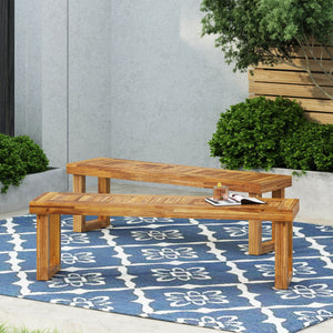 English Elm Nestor Solid Acacia Outdoor Bench Set of Two Slatted Natural Wood Patio Seating 63892.00