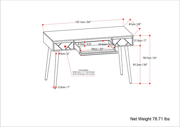 English Elm Jager Mid-Century Desk in Natural Mango Wood with Gold Inlay, Keyboard Tray & Soft-Close Drawers B136P158753