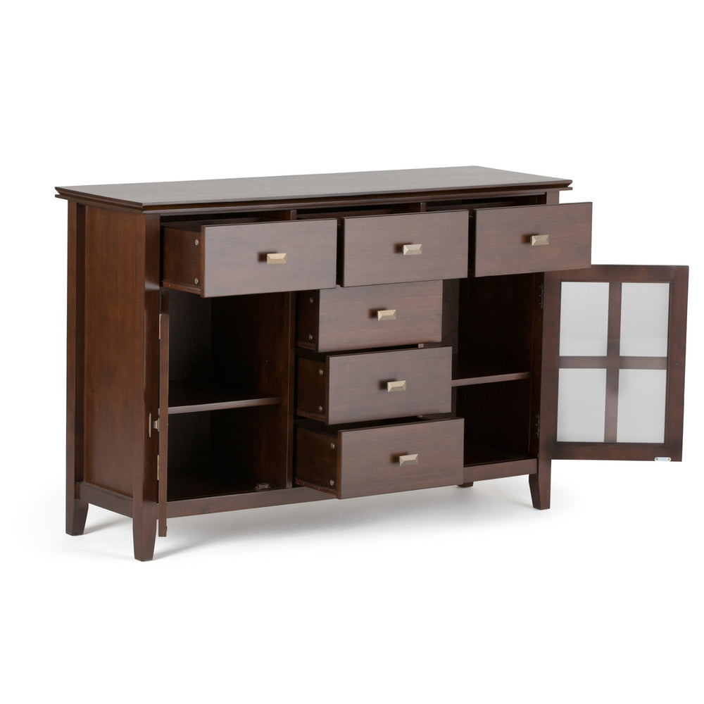 English Elm Artisan Russet Brown Solid Wood Sideboard Buffet with Glass Doors, 6 Drawers, Sturdy Storage B136P159467