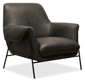 Hooker Furniture Ambroise Slouch Club Chair With Aniline Top-Grain Leather, Baseball Stitching & Slim Black Frame Grey CC317-096