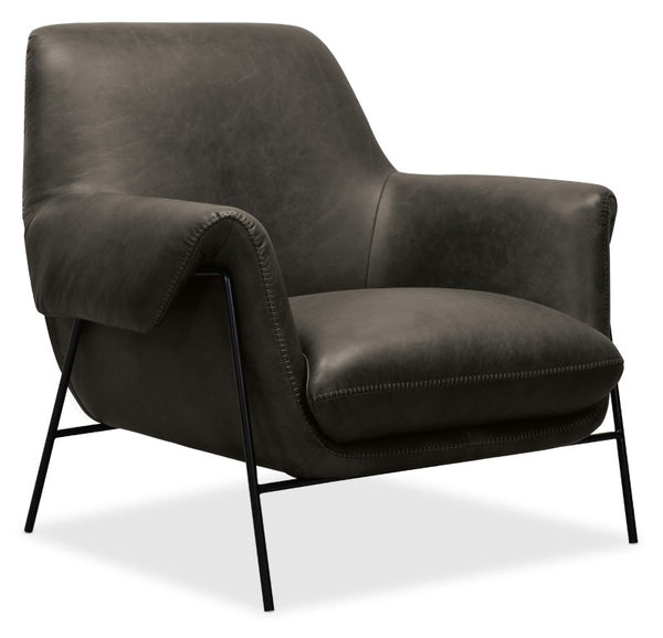 Hooker Furniture Ambroise Slouch Club Chair With Aniline Top-Grain Leather, Baseball Stitching & Slim Black Frame Grey CC317-096