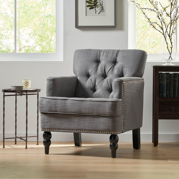 English Elm Christopher Knight Home® - HARRISON Tufted Club Chair with Diamond-Stitched Back, Nailhead Trim and Turned Birch Legs for Comfort and Style Charcoal 53444.00F