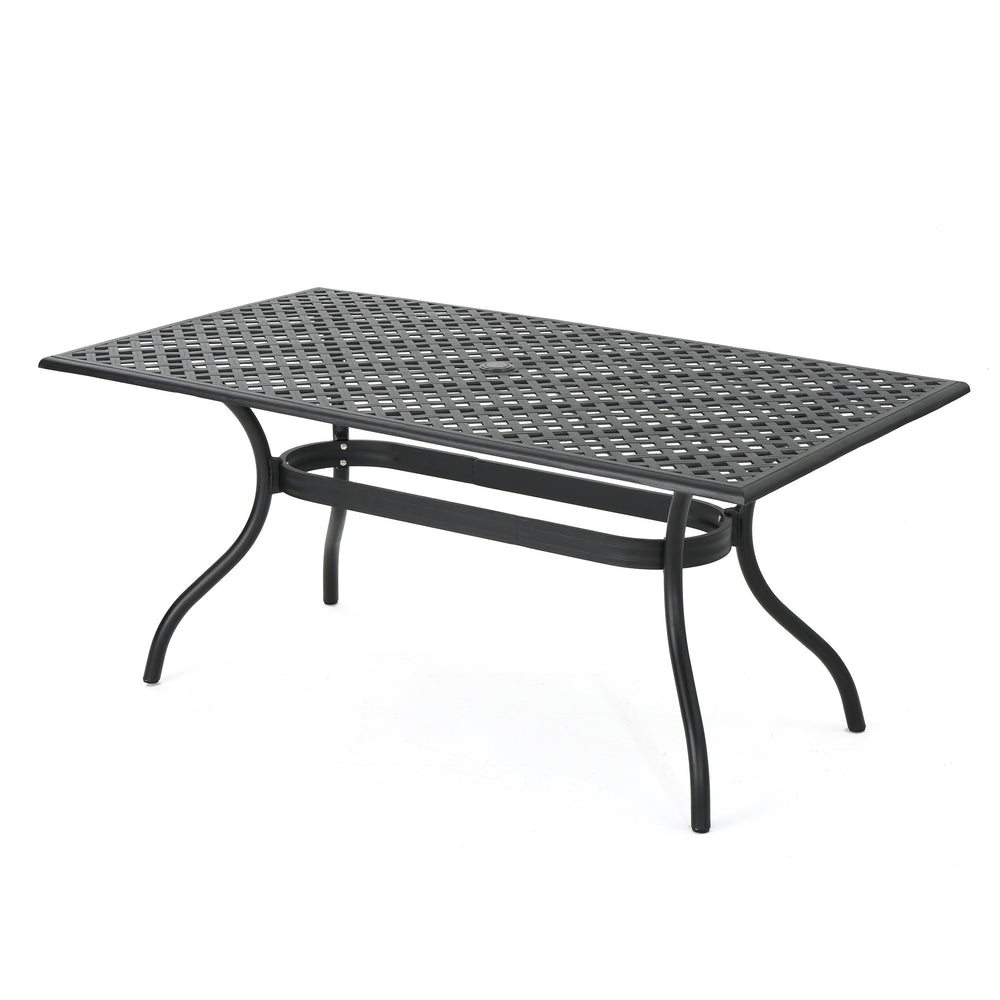 English Elm Christopher Knight Home® - CAYMAN Rectangle Table Black Cast Aluminum Outdoor Dining Table with Lattice Top, Umbrella Hole, Seats Six 56955.00