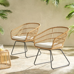 English Elm Christopher Knight Home® - TERRY Light Brown PE Rattan Dining Chairs Set of 2 with Water-Resistant Cushions, Tub Sled Legs Design 72043.00LBGE