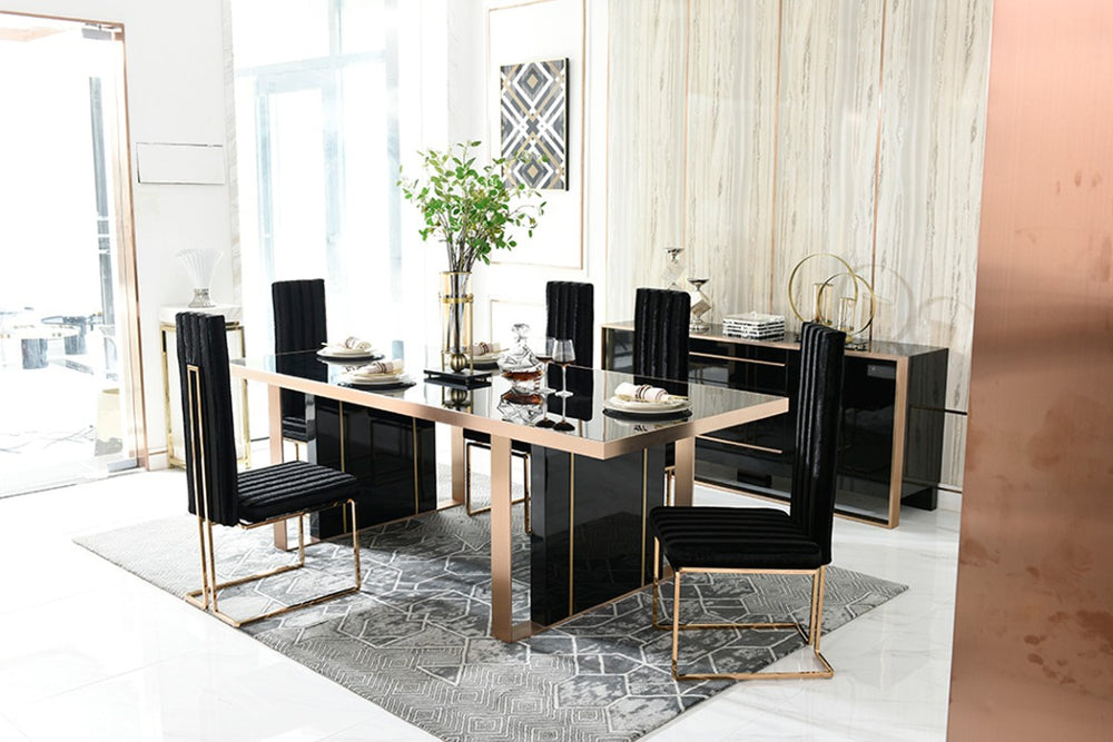 VIG Furniture Cartier High-Gloss Black Dining Table 90" X 40" With Rose Gold Stainless Trim, Luxurious Centerpiece VGVCT-A002