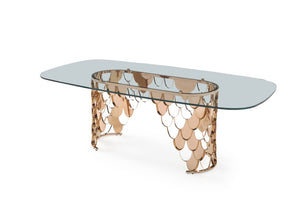 VIG Furniture Javier Rose Gold Stainless Steel Base Glass Dining Table — Tempered 15Mm Top Seats 6–8, Sculptural Glamour VGVCT088L