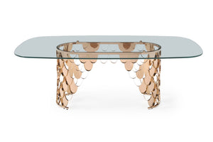 VIG Furniture Javier Rose Gold Stainless Steel Base Glass Dining Table — Tempered 15Mm Top Seats 6–8, Sculptural Glamour VGVCT088L