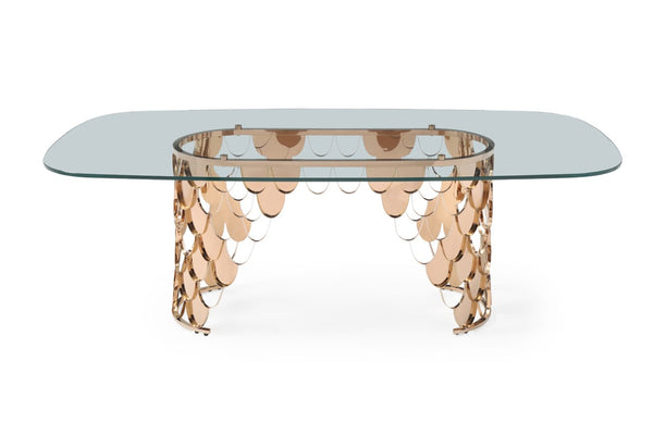 VIG Furniture Javier Rose Gold Stainless Steel Base Glass Dining Table — Tempered 15Mm Top Seats 6–8, Sculptural Glamour VGVCT088L