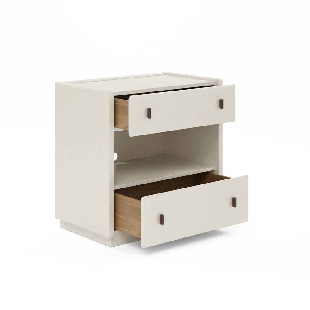A.R.T. Furniture Blanc Contemporary Nightstand With Usb Charging, Alabaster Finish, Two Drawers & Open Shelf Space White Parawood Solids,Maple Veneers,Metal 289141-1017