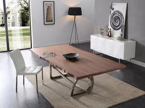 VIG Furniture Addy Live-Edge Walnut Veneer Dining Table With Sculptural Stainless Steel Base, Seats 8, Durable Finish VGVCT1301S-24